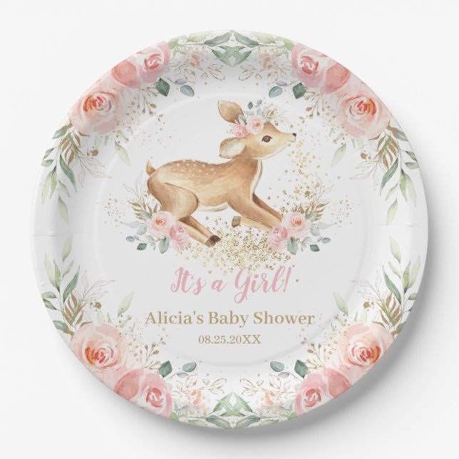 Whimsical Sweet Deer Blush Floral Baby Shower  Paper Plate (Front)