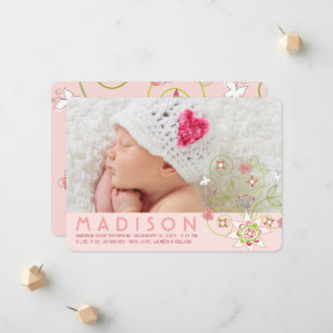 Whimsical Sweet Pink Blooms Baby Girl Photo Birth Announcement