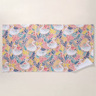 Whimsical Sweet Swans on Pale Pink Beach Towel