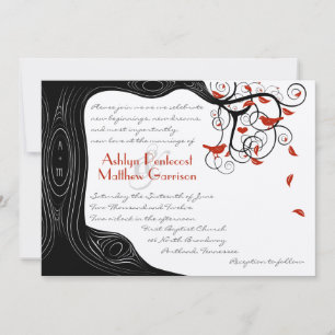 Whimsical Swirl Black & Red Birds in a Tree Invitation