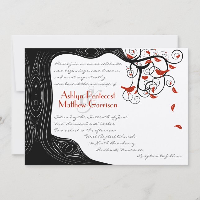 Whimsical Swirl Black & Red Birds in a Tree Invitation (Front)