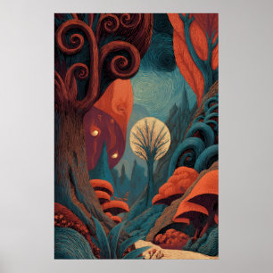 Whimsical Swirl Forest Red Teal Fantasy Landscape Poster