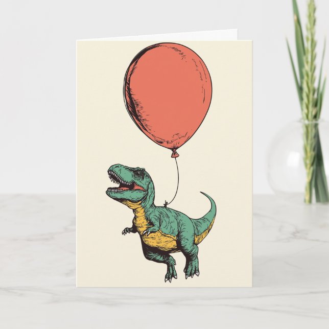 Whimsical T-Rex Balloon Greeting Card (Front)