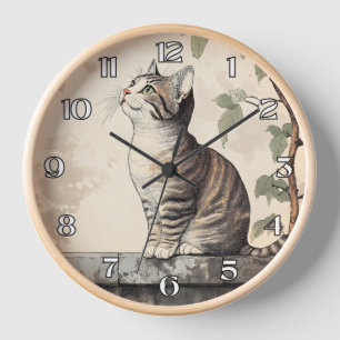 Whimsical Tabby Cat Vintage Botanical Illustration Clock