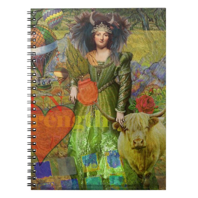 Whimsical Taurus Woman Celestial Collage Fantasy Spiral Notebook (Front)