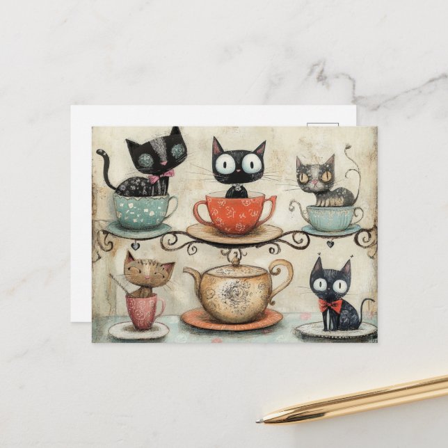 Whimsical Tea Cup Cats Postcard (Front/Back In Situ)