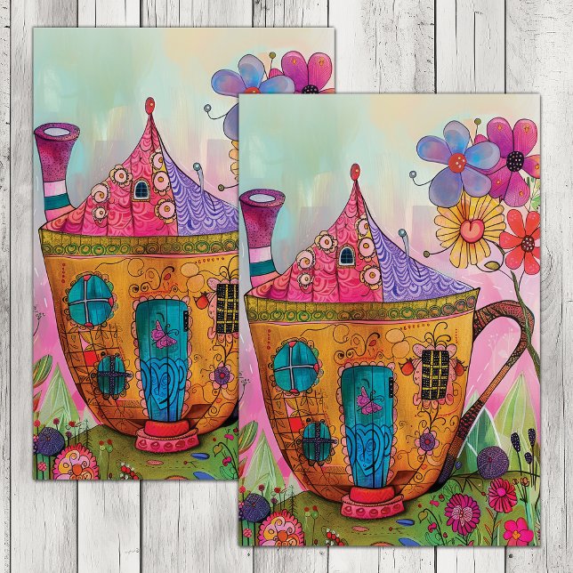 WHIMSICAL TEA CUP HOUSE DECOUPAGE TISSUE PAPER (WHIMSICAL TEA CUP HOUSE DECOUPAGE TISSUE PAPER)