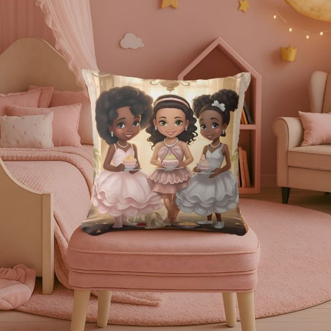 Whimsical Tea Party African American Girls Cushion (Creator Uploaded)