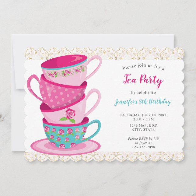 Whimsical Tea Party Birthday Teacups Cute Pink Invitation (Front)