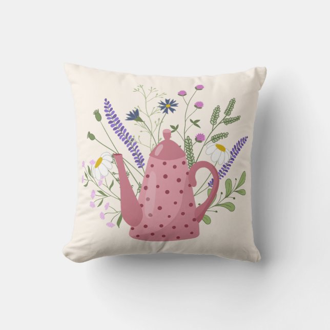 Whimsical Tea Time Doodle Throw Pillow (Front)