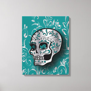 Whimsical Teal and Silver Sugar Skull Canvas Print