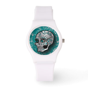 Whimsical Teal and Silver Sugar Skull Watch