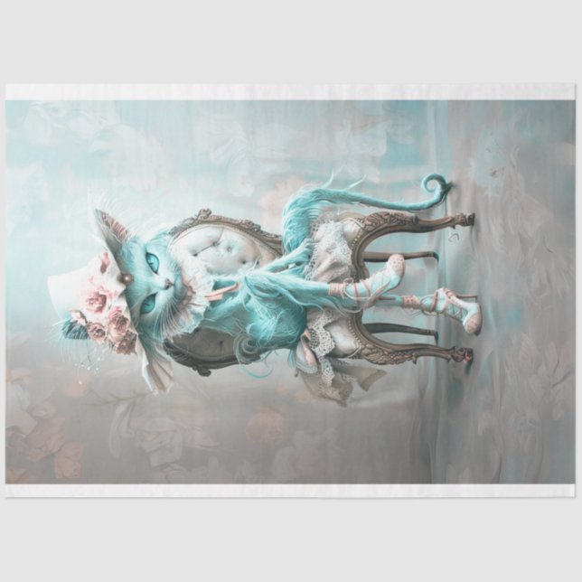 Whimsical Teal Blue Eyed Cat Decoupage Tissue Paper (Front)