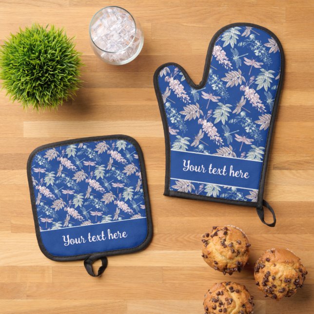 Whimsical Teal Blue Pink Gray Dragonfly Print Oven Mitt & Pot Holder Set (Top Down)