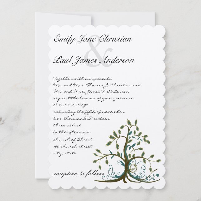 Whimsical Teal Brown Green Tree Wedding Invitation (Front)