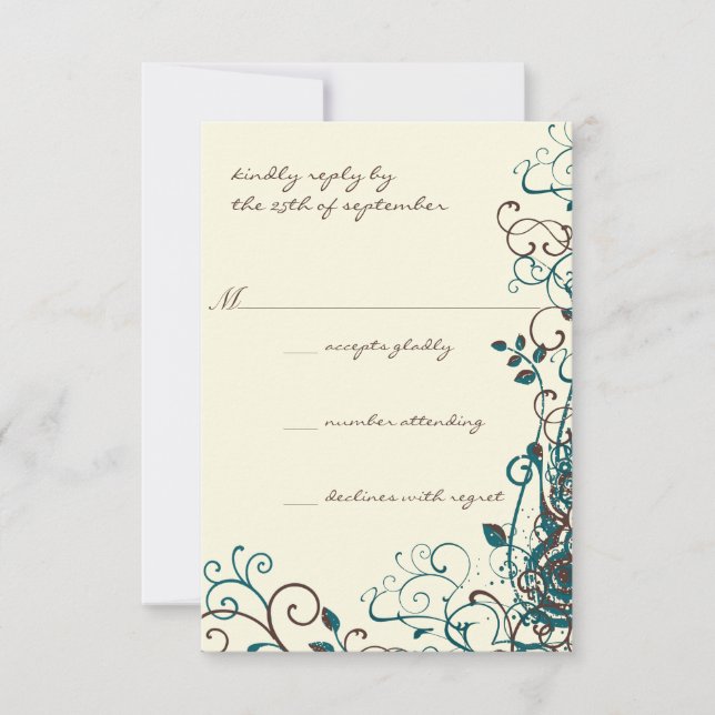 Whimsical Teal & Brown Swirl Wedding RSVP Card (Front)