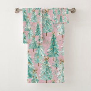 Whimsical Teal Christmas Trees on Pink Bath Towel Set