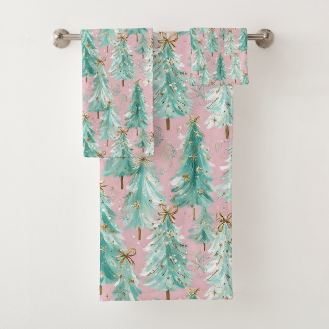 Whimsical Teal Christmas Trees on Pink  Bath Towel Set (Insitu)
