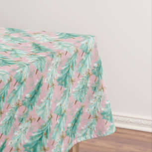 Whimsical Teal Christmas Trees on Pink  Tablecloth