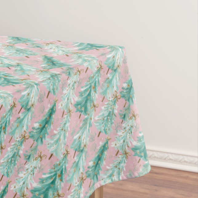 Whimsical Teal Christmas Trees on Pink  Tablecloth (In Situ)