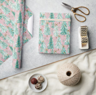 Whimsical Teal Christmas Trees on Pink Wrapping Paper