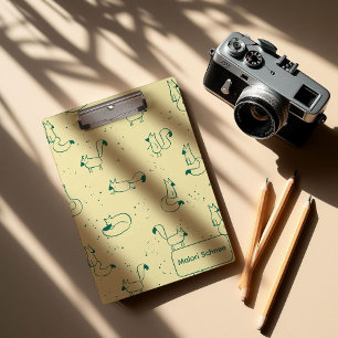 Whimsical Teal Doodle Foxes on Butter Yellow  Clipboard