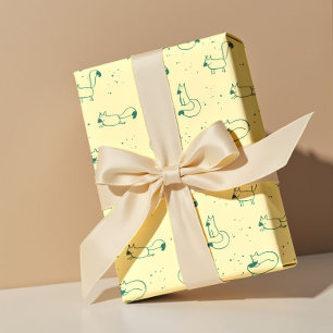 Whimsical Teal Doodle Foxes on Butter Yellow  Wrapping Paper