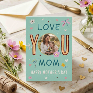 Whimsical Teal Photo Love You Mum Mother's Day Card