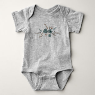 Whimsical Teal Pink Grey Flowers Baby Bodysuit
