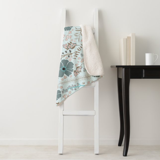 Whimsical Teal Pink Grey Flowing Flowers Print Sherpa Blanket (In Situ)