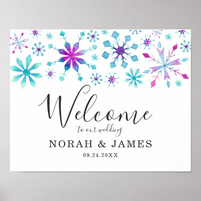 Whimsical Teal Purple Winter Wedding Welcome Poster (Front)
