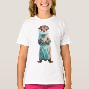 Whimsical Teal Splashed Otter Kids T-Shirt