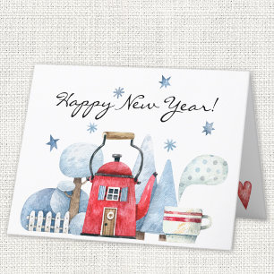 Whimsical Teapot House Happy New Year Holiday Card