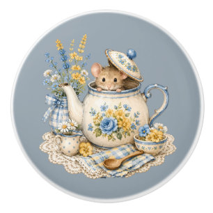 Whimsical Teapot Mouse Cottagecore Blooms Ceramic Knob