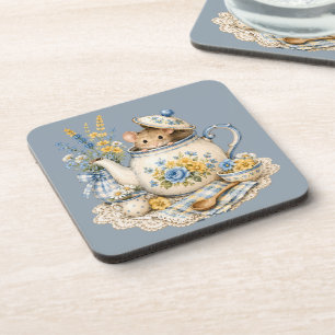 Whimsical Teapot Mouse Cottagecore Blooms Coaster