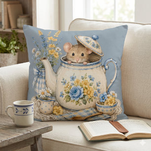 Whimsical Teapot Mouse Cottagecore Blooms Cushion