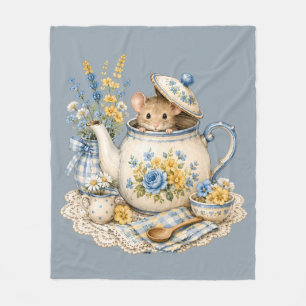 Whimsical Teapot Mouse Cottagecore Blooms Fleece Blanket