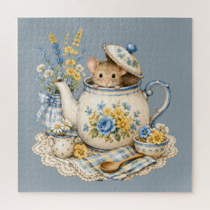 Whimsical Teapot Mouse Cottagecore Blooms Jigsaw Puzzle