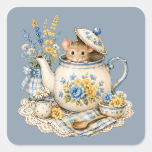 Whimsical Teapot Mouse Cottagecore Blooms Square Sticker