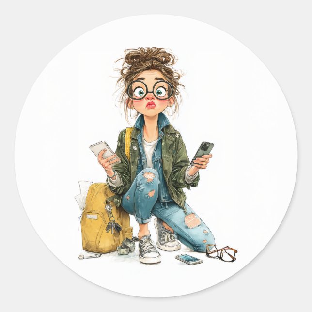 Whimsical Tech-Overload Girl Chaos Classic Round Sticker (Front)