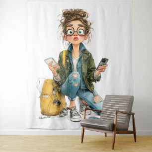 Whimsical Tech-Overload Girl Chaos Tapestry