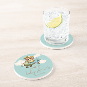 Whimsical Teddy Bear Baby Aeroplane Baby Shower Coaster