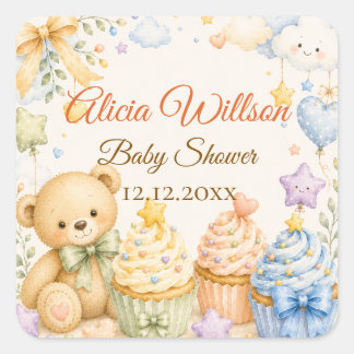 Whimsical Teddy Bear Baby Shower Square Sticker