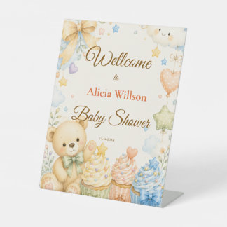 Whimsical Teddy Bear Baby Shower Welcome Pedestal Sign