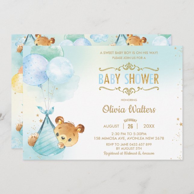 Whimsical Teddy Bear Balloons Baby Shower Boy Invitation (Front/Back)