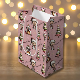 Whimsical Teddy Bear Christmas Pink Background Medium Gift Bag