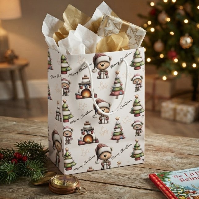 Whimsical Teddy Bear Christmas White Background Medium Gift Bag (Creator Uploaded)