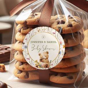 Whimsical Teddy Bear Floral Baby Shower Favor Classic Round Sticker
