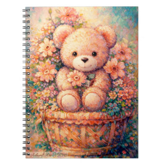 Whimsical Teddy Bear in Floral Basket Pastel Art Notebook