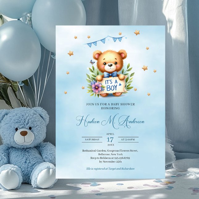 Whimsical teddy bear it's a boy baby shower invitation (teddy bear with ribbon it's a boy baby shower invitation)